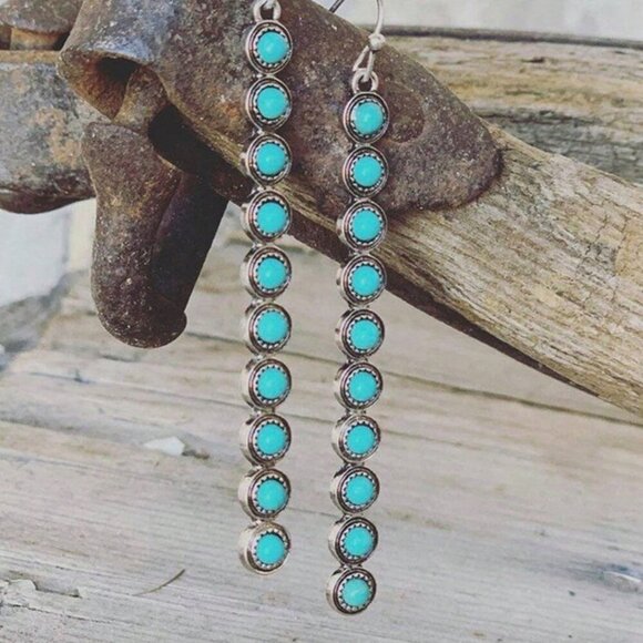 Bohemian Western Minimalist Alloy faux Turquoise silver Drop Earrings - Picture 1 of 6